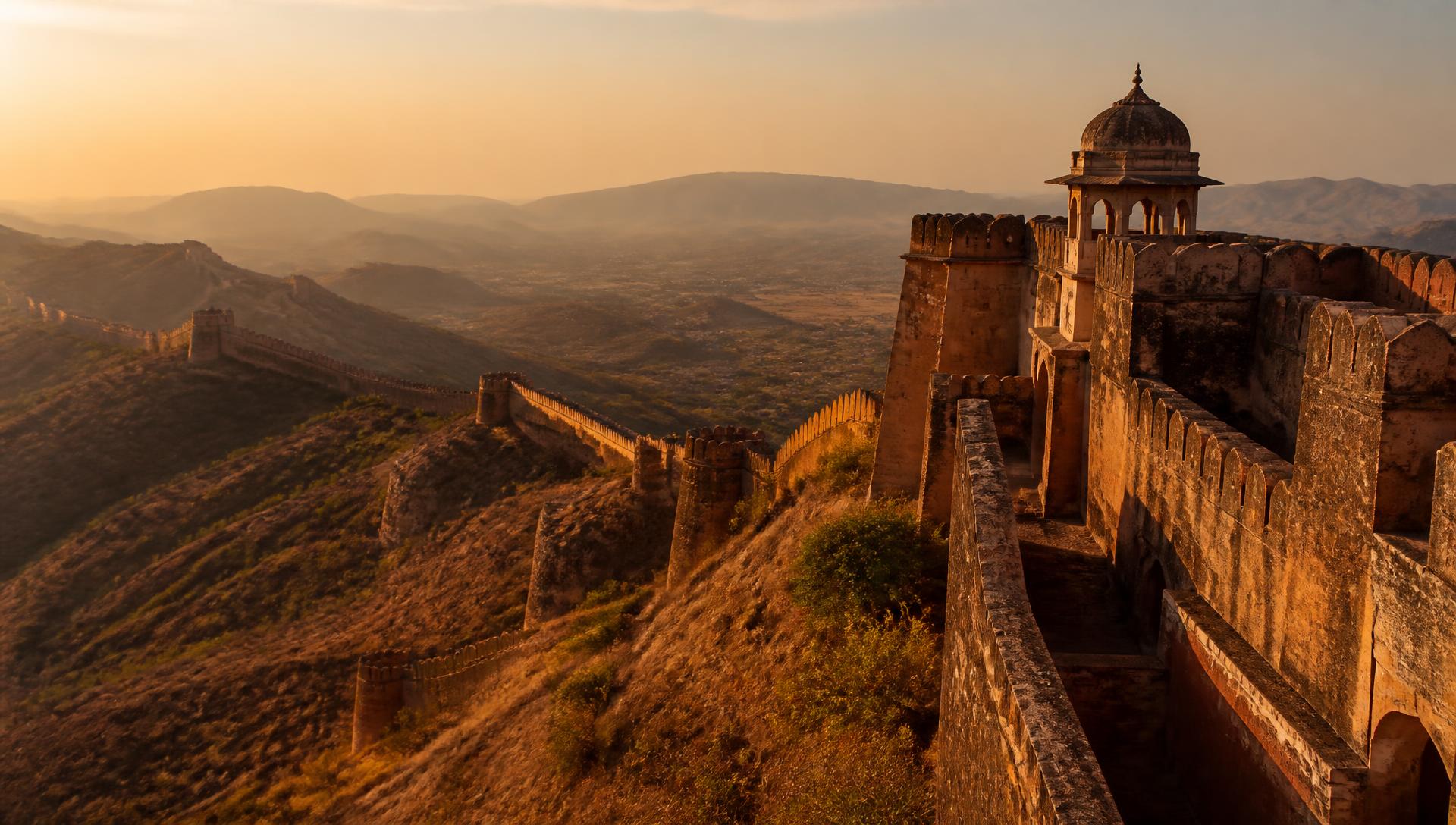 Sandstone ramparts of a hill fort in the Aravalli hills at golden hour
