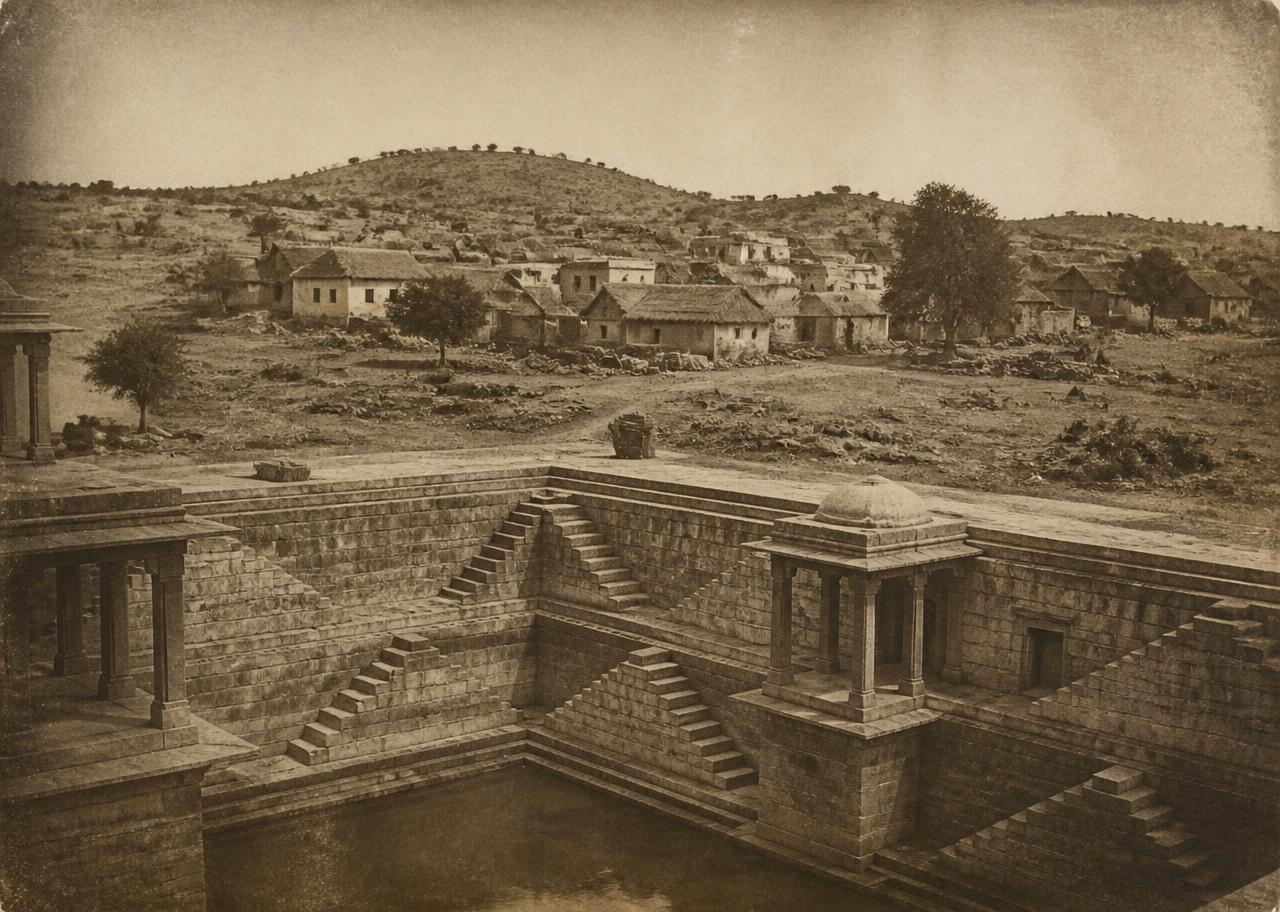 Archival-style photograph of a stone stepwell beside a village settlement
